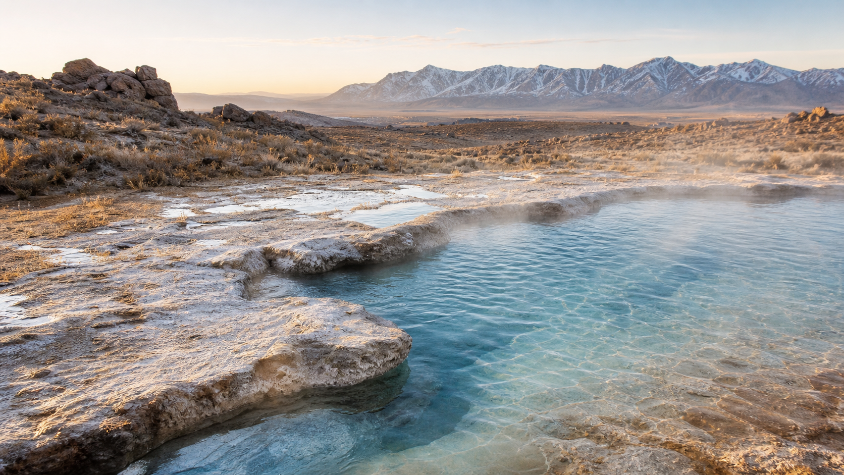 Illustrative mineral hot spring pool at sunrise