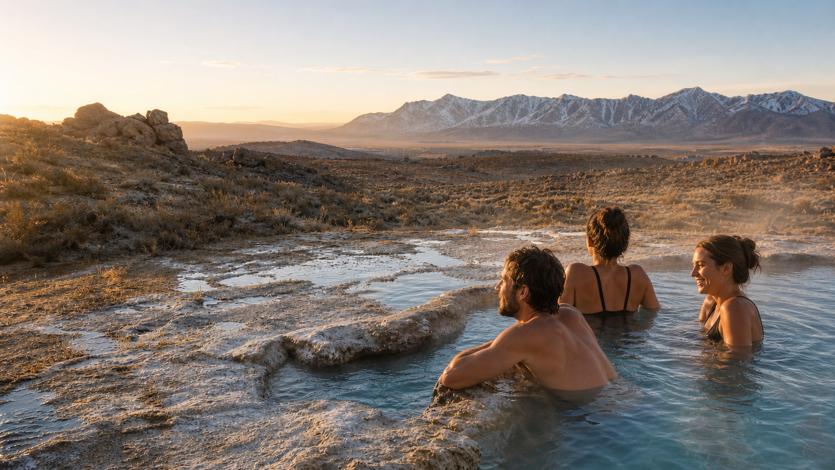 Adults soaking in a scenic mineral hot spring at sunrise