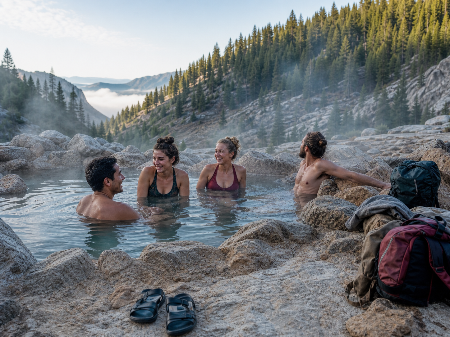Friends laughing in a rustic mountain hot spring