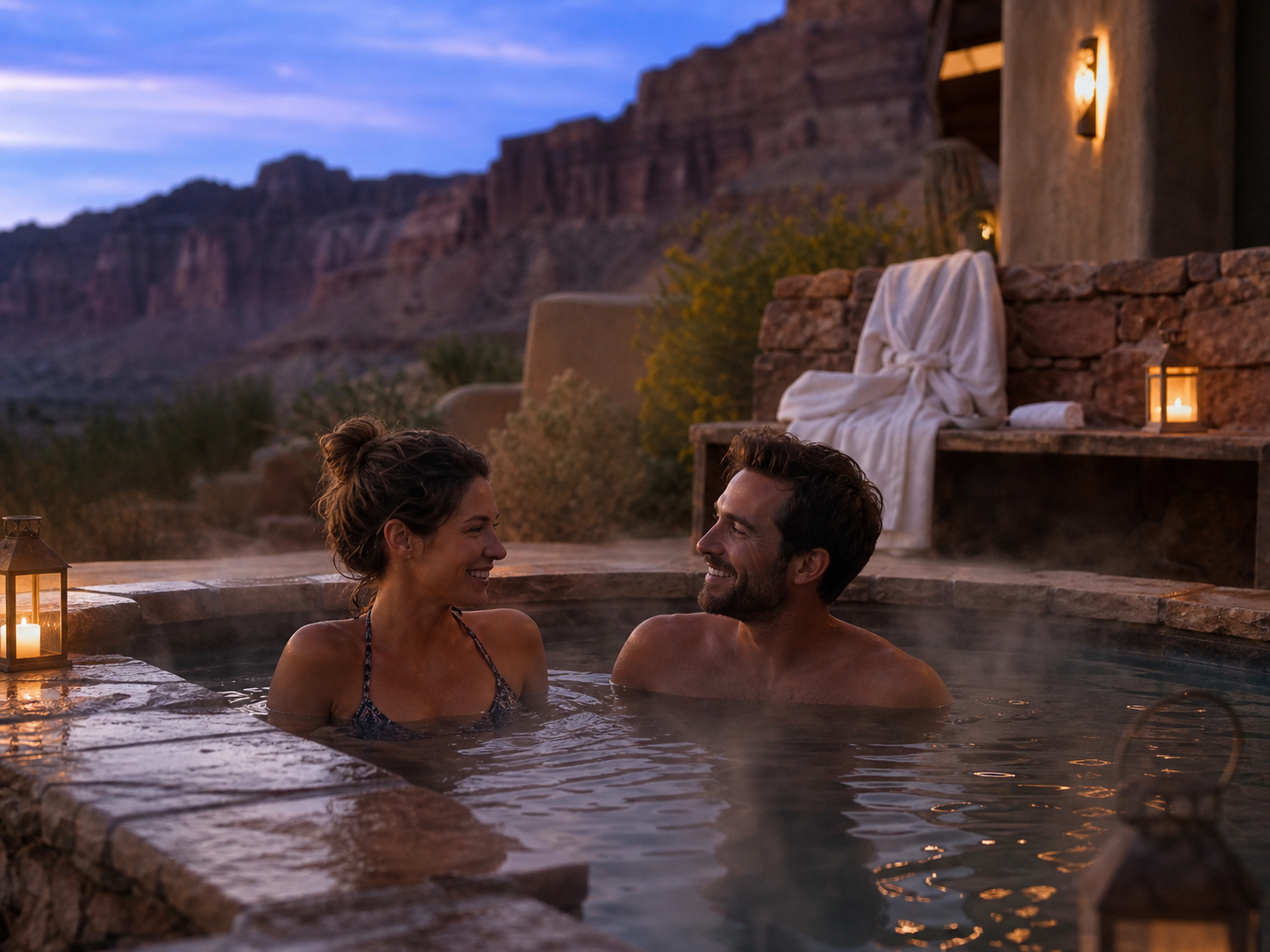 Couple relaxing in a private outdoor mineral pool at twilight