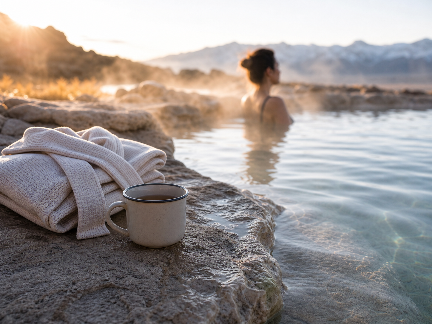 Robe and tea beside a steaming mineral pool