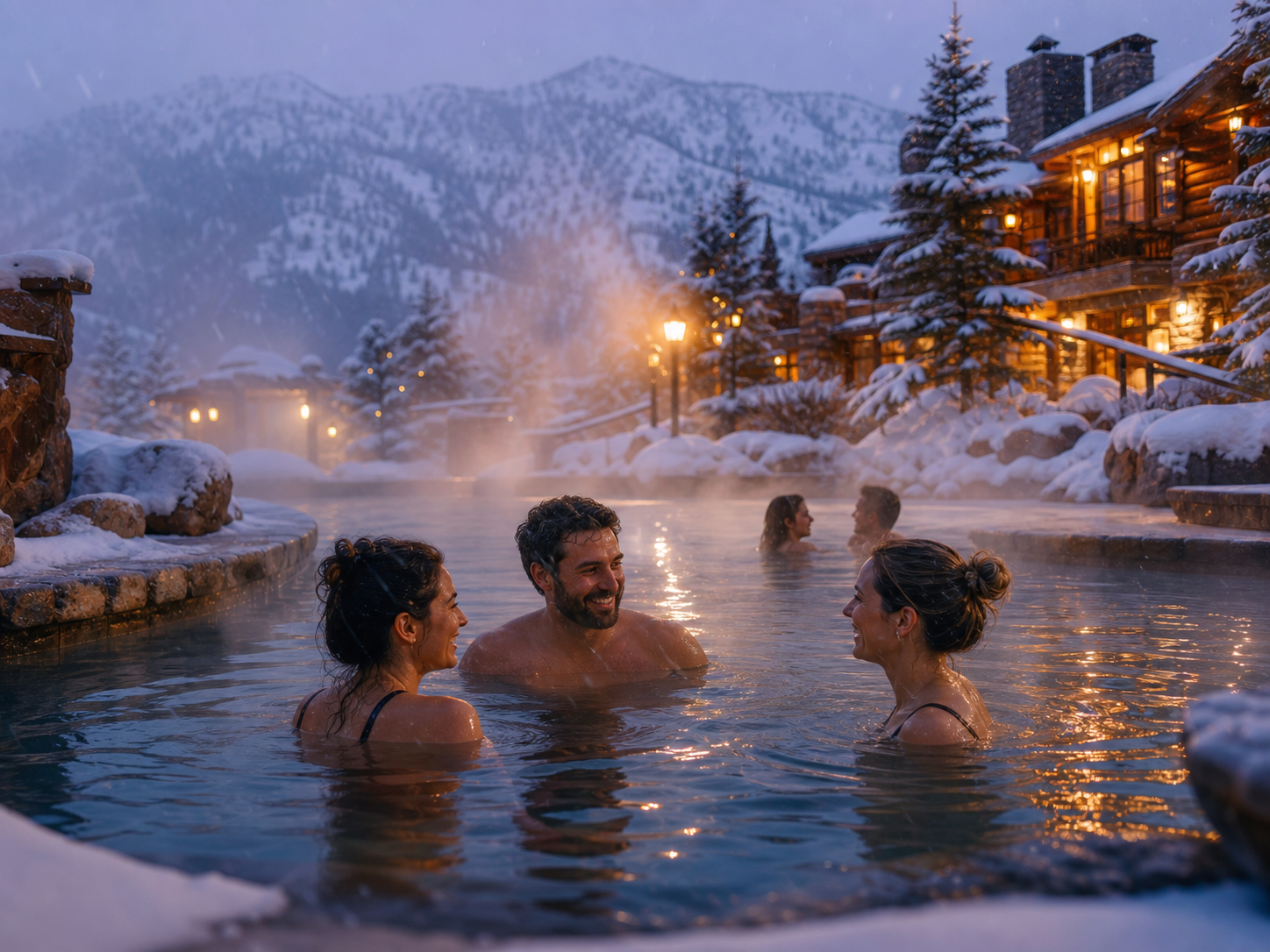 Adults soaking in a snowy outdoor hot spring resort