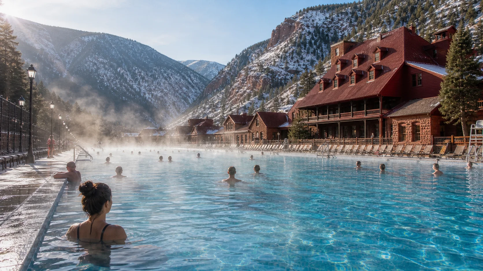 Soakers in the large heated mineral pool