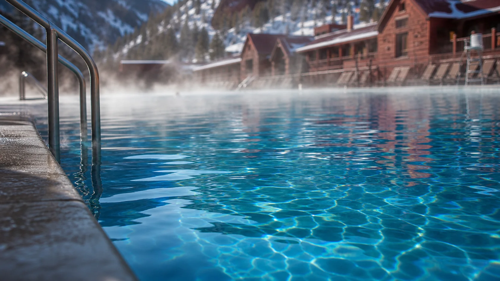 Mineral pool water and bath house detail