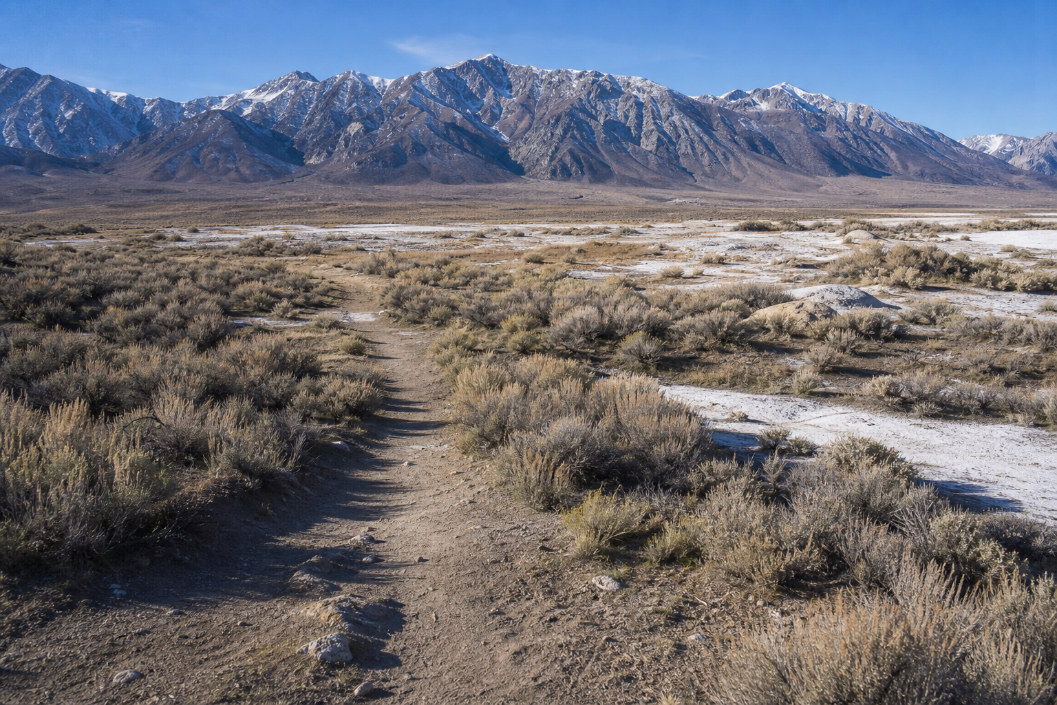 AI enhanced high desert path toward Travertine Hot Springs