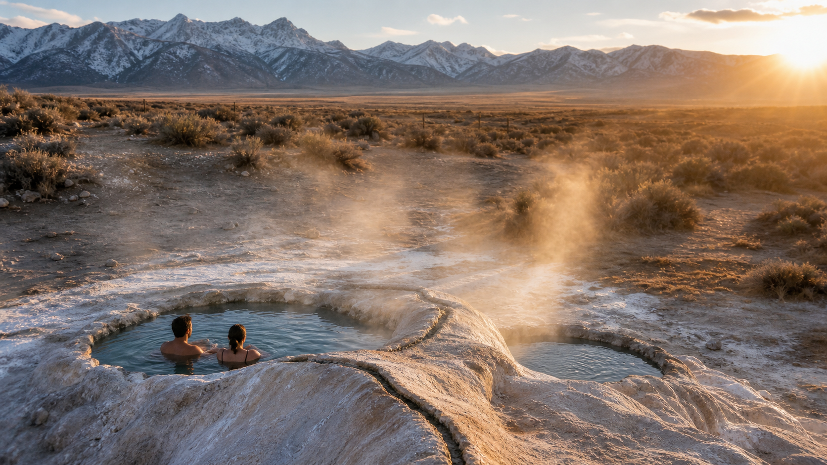 AI enhanced sunrise view of Travertine Hot Springs near Bridgeport, California