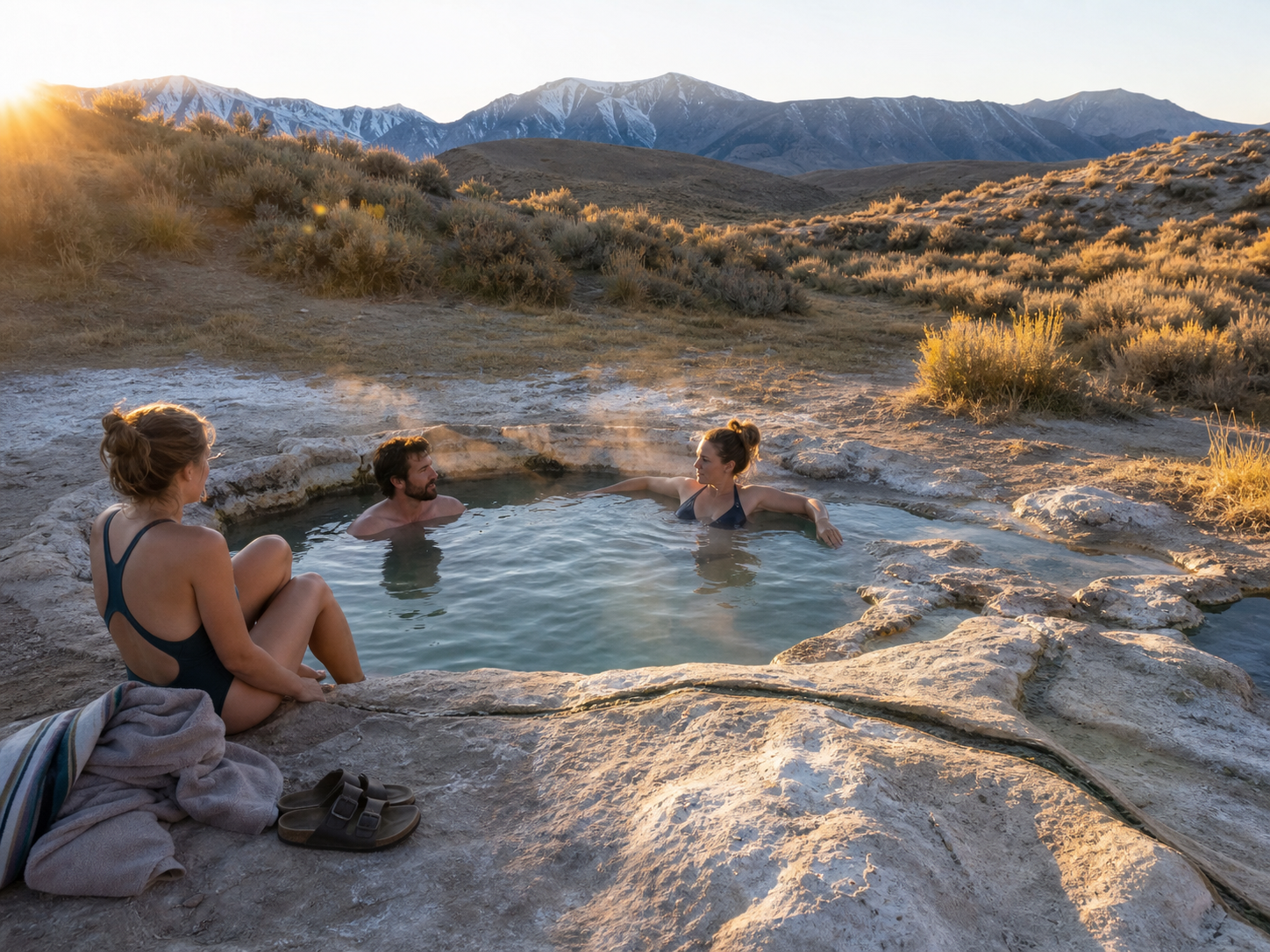 AI enhanced lifestyle image of adults soaking at Travertine Hot Springs